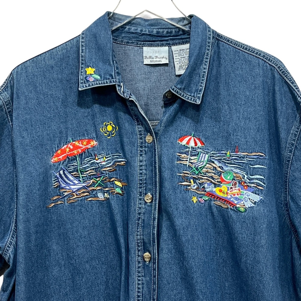 Vintage Bobbie Brooks Denim Shirt Embroidered Beach 18W/20W Coastal Grandma - Picture 2 of 6
